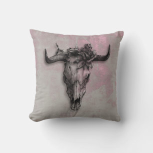 Bull Skull and Rose Rustic Pink Gray Throw Pillow