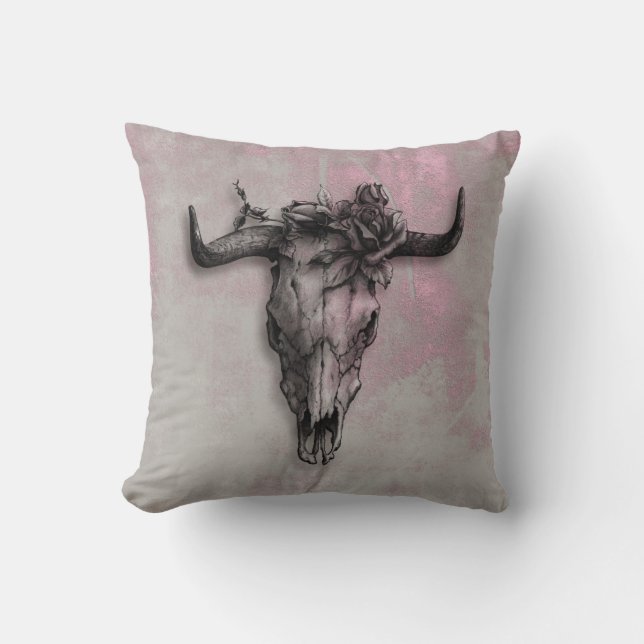Bull Skull and Rose Rustic Pink Gray Throw Pillow (Front)