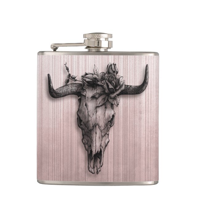 Bull Skull and Rose stripes Rose Gold Gray Flask (Front)
