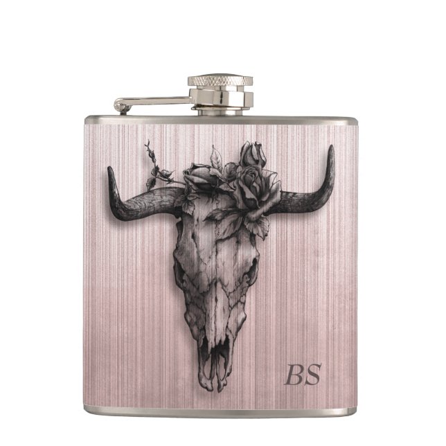 Bull Skull and Rose stripes Rose Gold monogram Flask (Front)