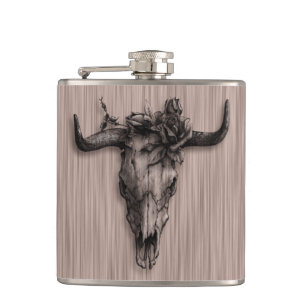 Bull Skull and Rose with Fiber pattern Flask