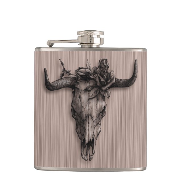 Bull Skull and Rose with Fiber pattern Flask (Front)