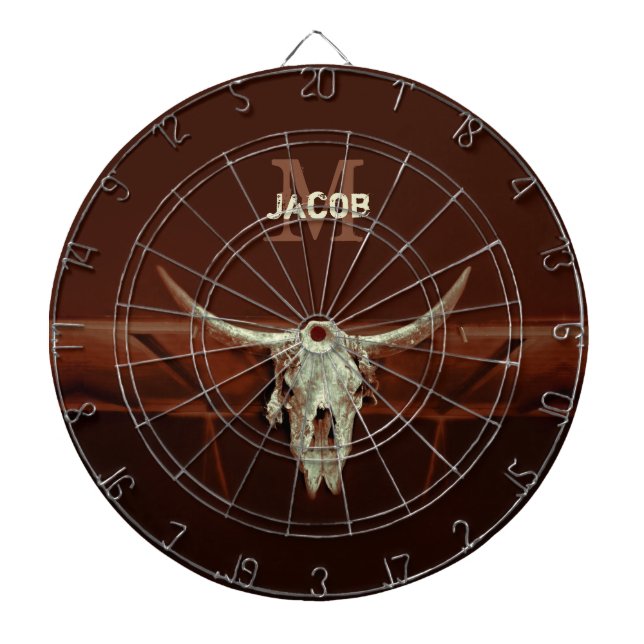 Bull Skull Brown Country Rustic Western Monogram Dart Board (Front)