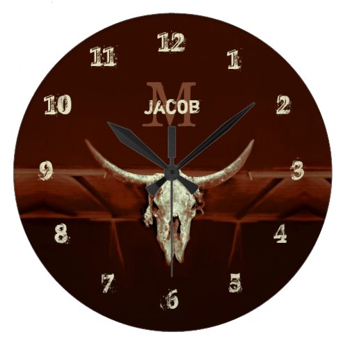 Bull Skull Brown Country Rustic Western Monogram Large Clock