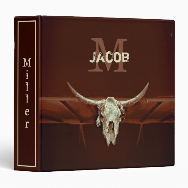 Bull Skull Brown Monogram Rustic Western Country 3 Ring Binder (Front/Spine)