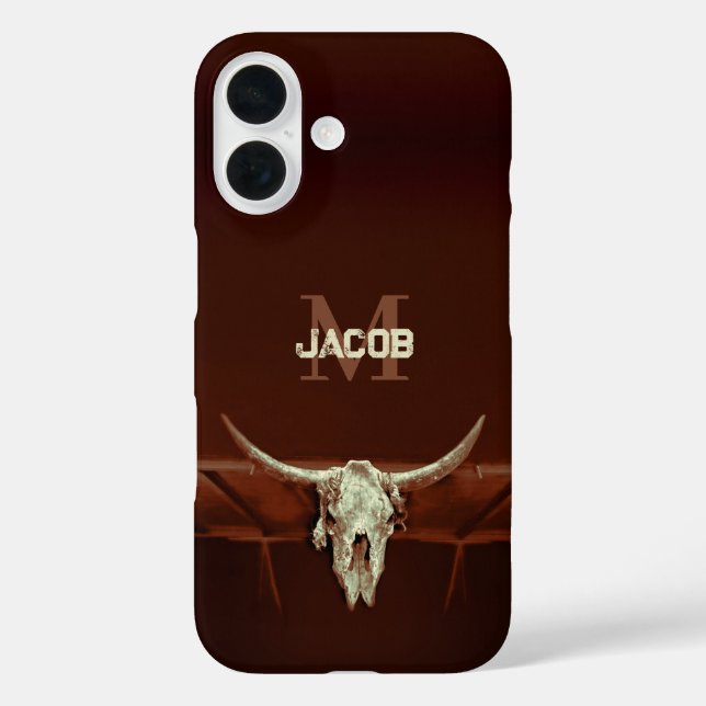 Bull Skull Brown Monogram Rustic Western Country Case-Mate iPhone Case (Back)