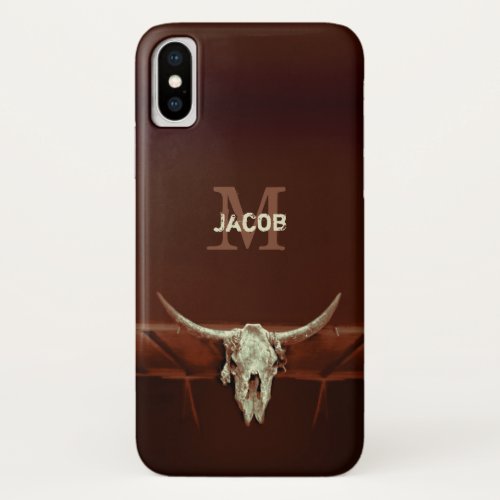 Bull Skull  Brown Monogram Rustic Western Country iPhone XS Case