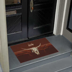 Bull Skull Brown Monogram Rustic Western Country Doormat