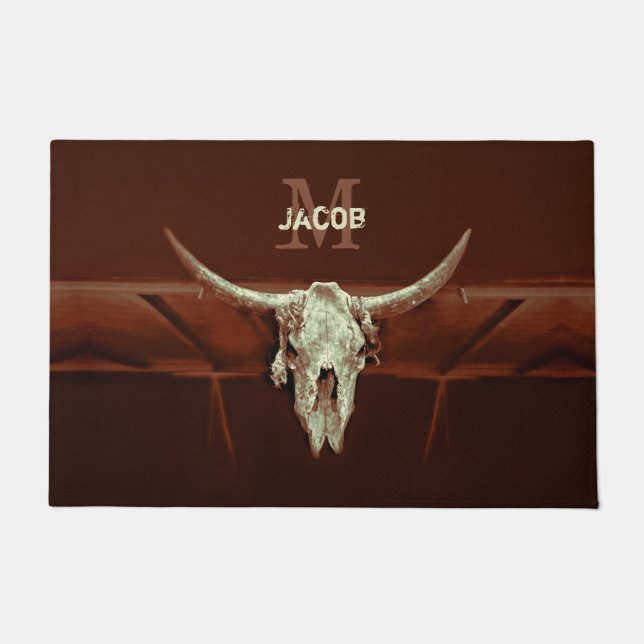 Bull Skull Brown Monogram Rustic Western Country Doormat (Front)