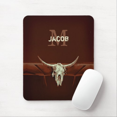 Bull Skull Brown Monogram Rustic Western Country Mouse Pad