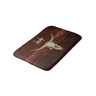 Bull Skull Brown Monogram Western Country Rustic Bath Mat