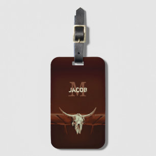 Bull Skull Brown Monogram Western Rustic Country Luggage Tag