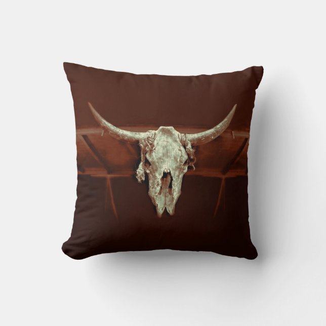 Bull Skull Brown Rustic Country Western Farm Throw Pillow (Front)