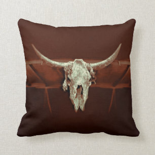Bull Skull Brown Rustic Country Western Farm Throw Pillow