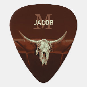 Bull Skull Brown Rustic Country Western Monogram Guitar Pick