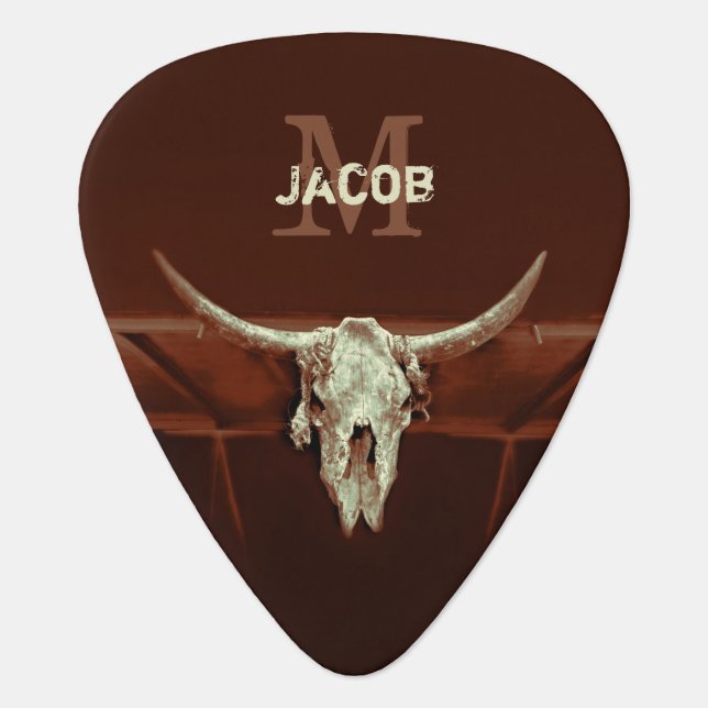 Bull Skull Brown Rustic Country Western Monogram Guitar Pick (Front)