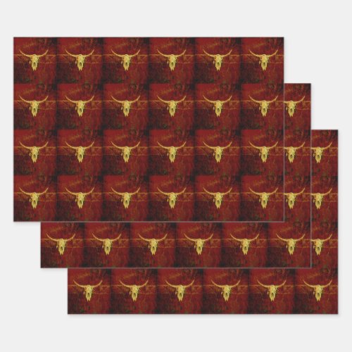 Bull Skull Brown Western Country Rustic Pattern Wrapping Paper Sheets