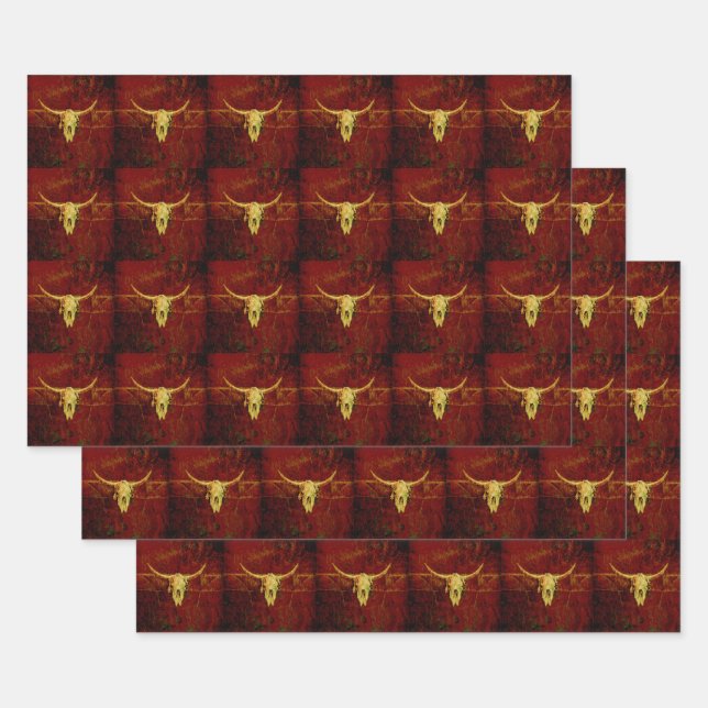 Bull Skull Brown Western Country Rustic Pattern Wrapping Paper Sheets (Set)