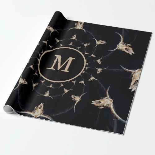 Bull Skull Cowboy Monogram Brown Vintage Country Wrapping Paper