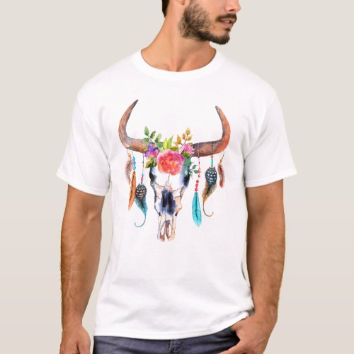 Bull Skull Flowers  Feather Watercolors T_Shirt