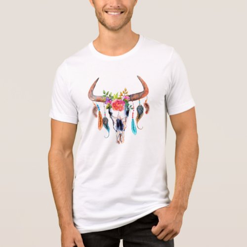 Bull Skull Flowers  Feather Watercolors Tri_Blend Shirt