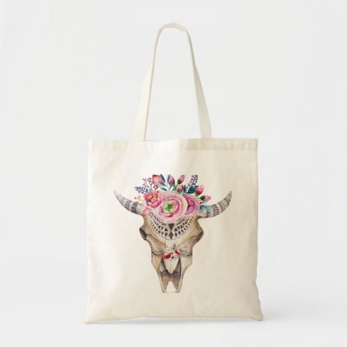 Bull Skull  Flowers Watercolor Illustration Tote Bag