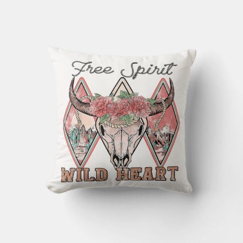 Bull Skull Free Spirit Wild Heart Valentine Wester Throw Pillow