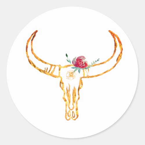 Bull Skull Gold Rose Sticker