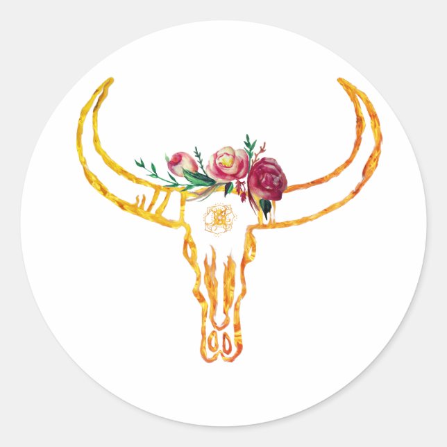 Bull Skull Gold, Roses Sticker (Front)