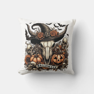 Bull Skull Halloween Cow Throw Pillow