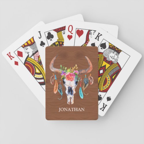 Bull Skull Horns And Flowers on Wood Playing Cards