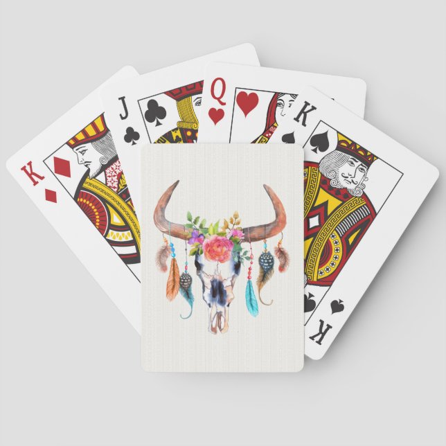 Bull Skull Horns And Flowers Poker Cards (Back)