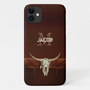 Bull Skull Monogram Brown Rustic Western Country iPhone 11 Case