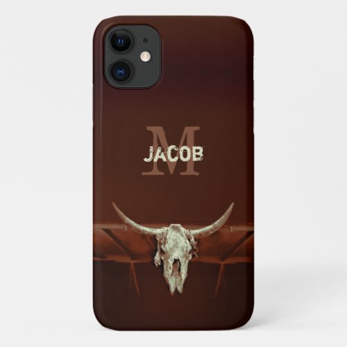 Bull Skull Monogram Brown Rustic Western Country iPhone 11 Case
