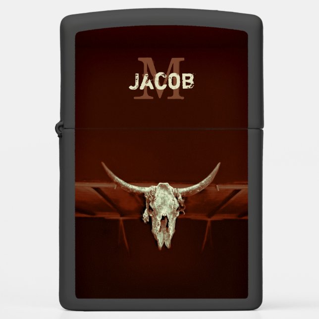 Bull Skull Monogram Brown Rustic Western Country Zippo Lighter (Front)