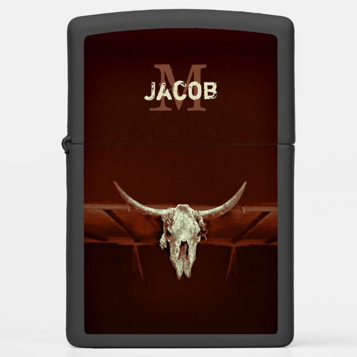 Bull Skull Monogram Brown Rustic Western Country Zippo Lighter | Zazzle