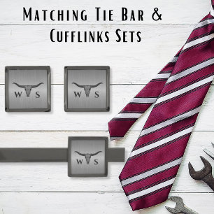 Bull Skull Monogram Initials Smoke Gray Gunmetal Finish Tie Bar