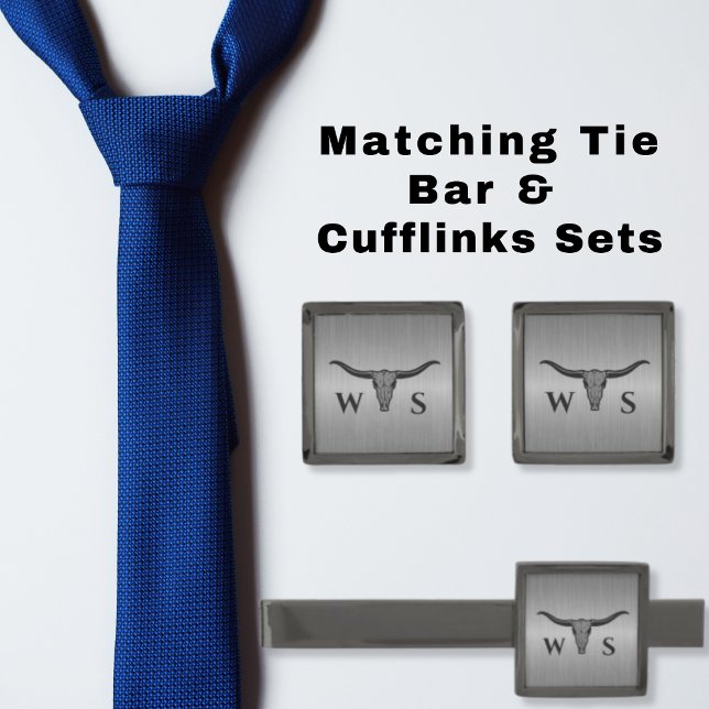 Bull Skull Monogram Initials Smoke Gray Metallic Cufflinks (Creator Uploaded)