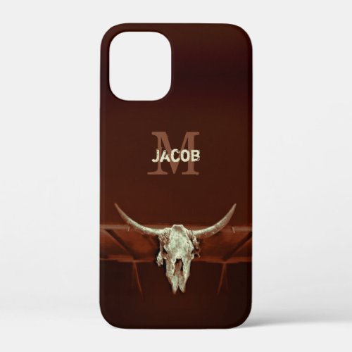 Bull Skull Monogram Rustic Brown Western Country iPhone 12 Mini Case
