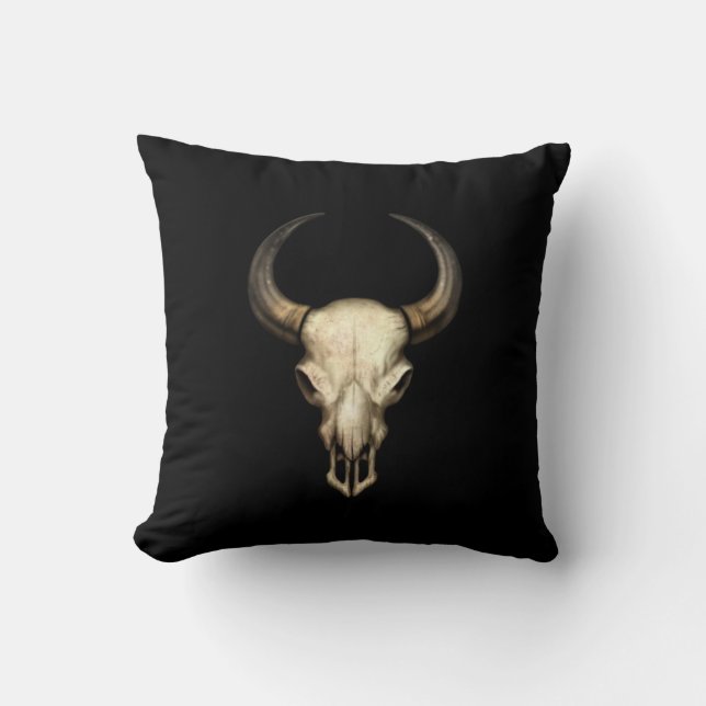 Bull Skull on Black Throw Pillow (Front)