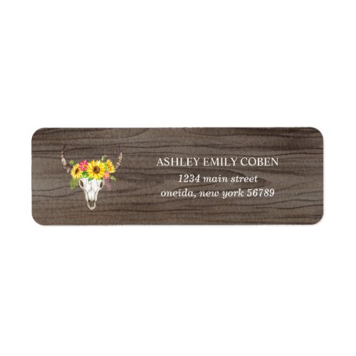 Bull Skull on Dark Wood with Sunflowers Address Label