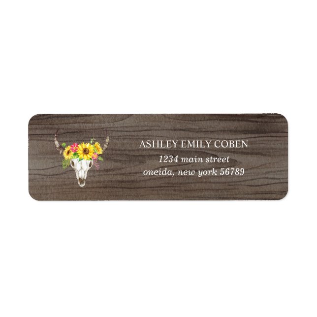 Bull Skull on Dark Wood with Sunflowers Address Label (Front)