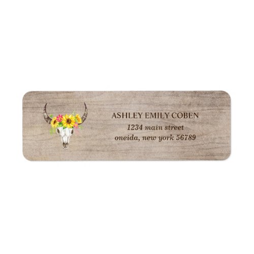 Bull Skull on Dark Wood with Sunflowers Address Label