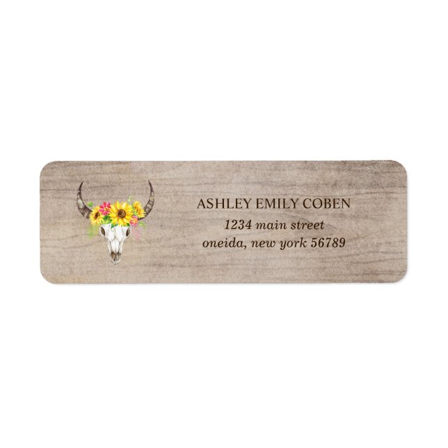 Bull Skull on Dark Wood with Sunflowers Address Label (Front)