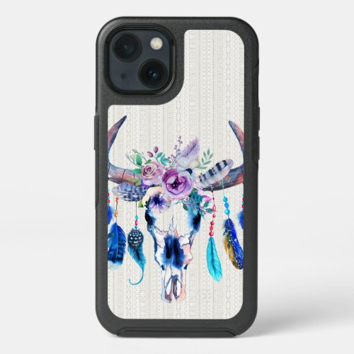 Bull Skull Purple Flowers And Colorful Feathers iPhone 13 Case