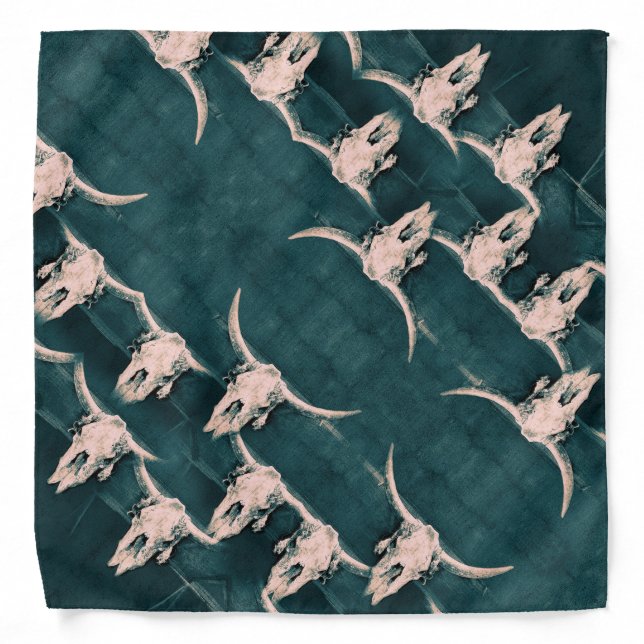Bull Skull Rustic Vintage Teal Green Western Bandana (Front)