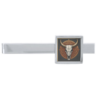 Bull Skull Silver Finish Tie Bar