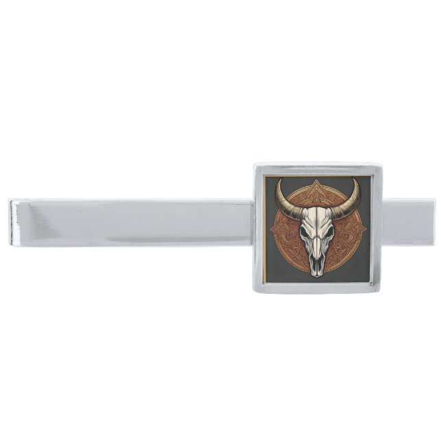 Bull Skull Silver Finish Tie Bar (Front)