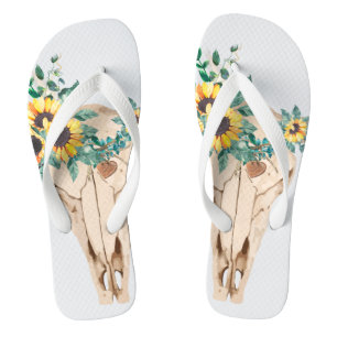Bull Skull Sunflowers Flip Flops