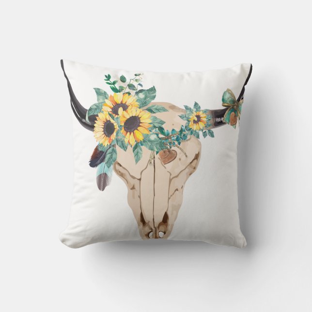 Bull Skull Sunflowers Throw Pillow (Front)